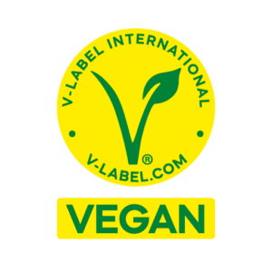 V-Label international, v-label.com. Rundes Vegan-Label. Darunter der Schriftzug: VEGAN.